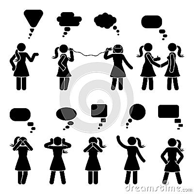 Stick figure dialog speech bubbles set. Talking, thinking, whispering body language woman conversation icon pictogram. Vector Illustration