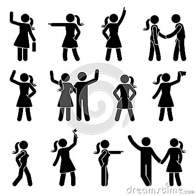 Stick figure different arms position set. Pointing finger, hands in pockets, waving person icon posture symbol sign pictogram. Vector Illustration