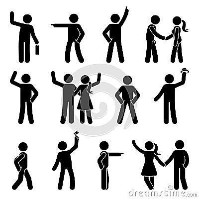 Stick figure different arms position set. Pointing finger, hands in pockets, waving person icon posture symbol sign pictogram. Vector Illustration