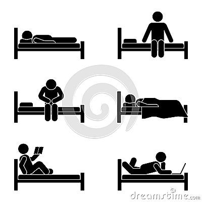 Stick figure different position in bed. Vector illustration of dreaming, sitting, sleeping person icon symbol sign set pictogram. Vector Illustration