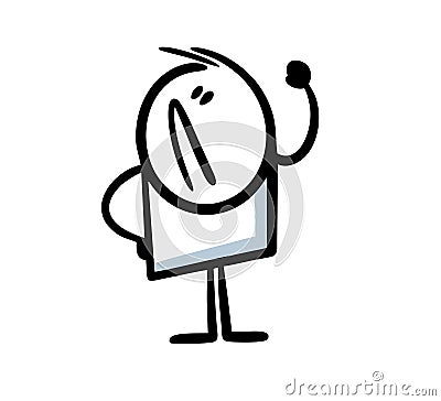 Stick figure disgruntled man with grimace on his face raised his hand and clenched fist in a threat. Vector Illustration