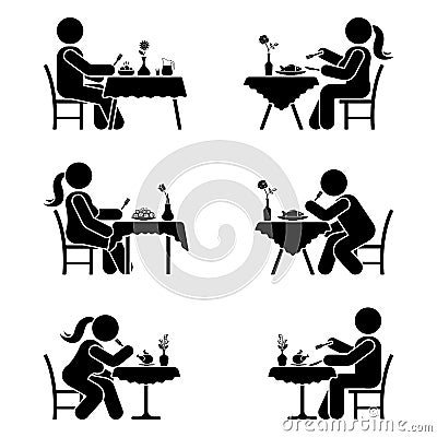 Stick figure eating pictogram set. Man and woman alone at the restaurant. Vector Illustration