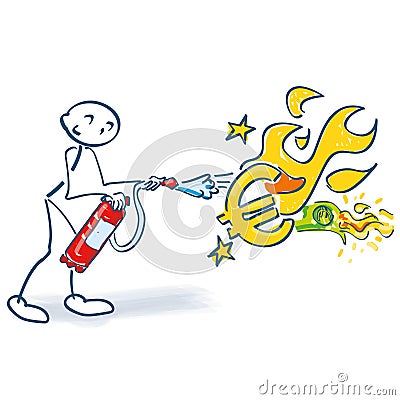 Stick figure with fire extinguisher and burning euro Vector Illustration