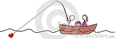 Stick Figure Fishing For Hearts Vector Illustration