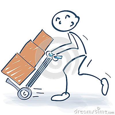 Stick figure with hand truck and packages Vector Illustration