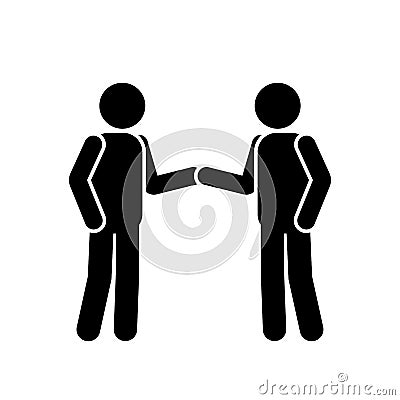 Stick Figure Handshake. Pictogram depicting two men shaking hands with each other. Black and white EPS Vector Vector Illustration