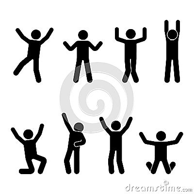 Stick figure happiness, freedom, jumping, motion set. Vector illustration of celebration poses pictogram. Vector Illustration