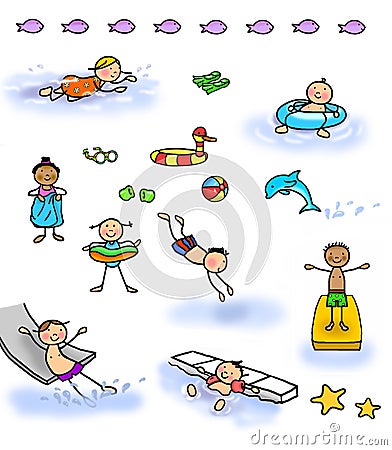 Stick figure kids swimming Stock Photo