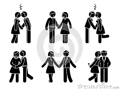 Stick figure kissing couple set. Man and woman in love vector illustration; hugging, cuddling and holding hand pictogram. Vector Illustration