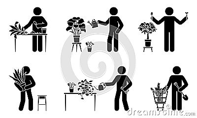 Stick figure male planting home flowers vector set. Stickman person taking care of houseplant icon pictogram Vector Illustration