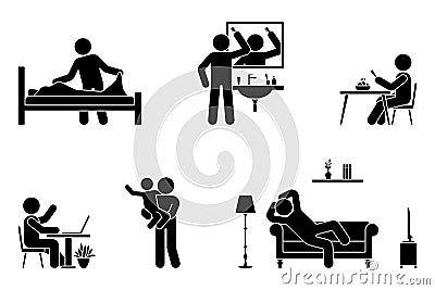 Stick figure man activities vector icon. Making bed, brushing hair, eating, sitting at desk, working, studying, resting, relaxing Vector Illustration