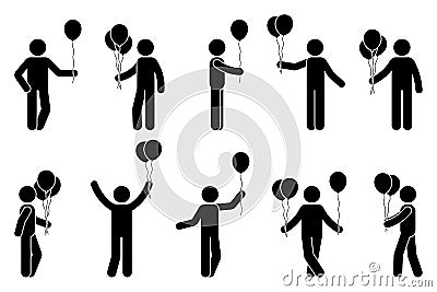 Stick figure man with balloon birthday celebration vector icon people pictogram. Happy standing male party design elements Vector Illustration