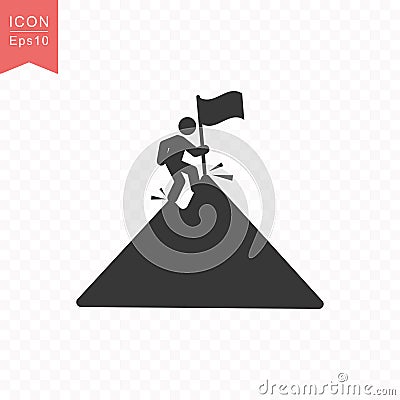 Stick figure a man climbs a mountain peak with a flag silhouette icon simple flat style vector illustration on transparent Vector Illustration