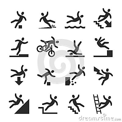 Stick figure man falling beware, hazard warning symbols. Person injury at work vector signs isolated Vector Illustration