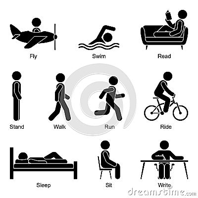 Stick figure man flying, swimming, reading, standing, walking, going, running, riding, sleeping, sitting, writing vector set Vector Illustration