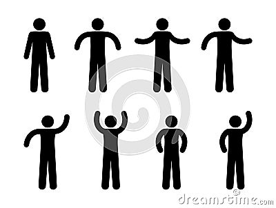 Stick figure man illustration, different poses and gestures, waved hands Vector Illustration