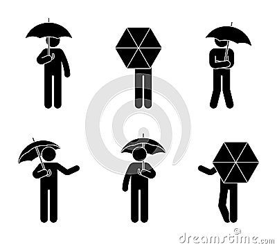 Stick figure man with opened umbrella icon set. People under the rain in different poses. Vector Illustration