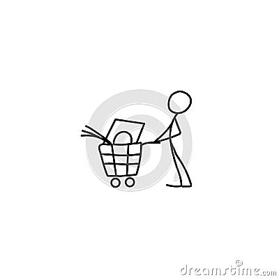 Stick figure man pushing shopping cart icon Vector Illustration