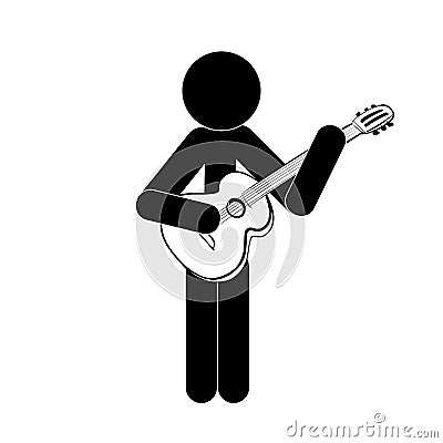 Stick figure man stands and plays the classical guitar Vector Illustration