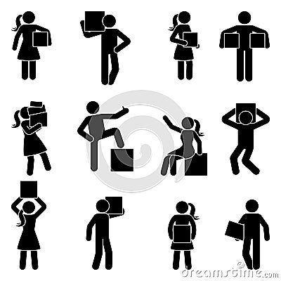 Stick figure man and woman carrying box vector icon pictogram. Guy and lady holding, moving, standing silhouette. Vector Illustration