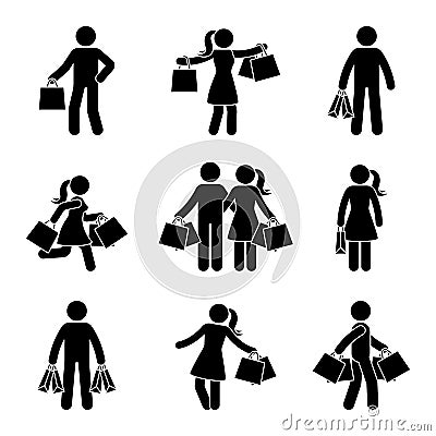 Stick figure man and woman holding shopping bags vector icon pictogram. Seasonal sale, black friday happy buyers with purchase Vector Illustration