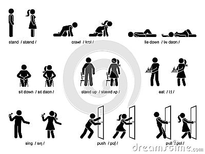 Stick figure man woman stand, crawl, lie down, sit down, stand up, eat, sing, push, pull verbs pronunciation vector set Vector Illustration