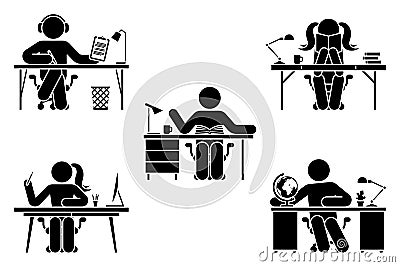 Stick figure man, woman study, learn lesson at school, home office vector. Stickman student writing, listen, reading, sitting Vector Illustration