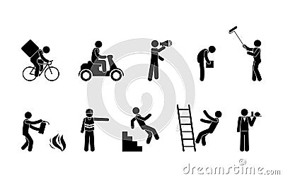 Stick figure man working, icon of representatives of various professions, isolated pictograms of people Vector Illustration