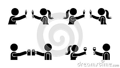 Stick figure men and women drinking wine, beer, champagne icon. Happy celebration of young people pictogram. Vector Illustration