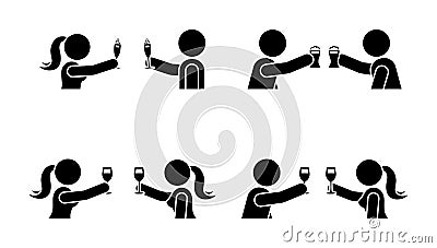 Stick figure men and women making toast with wine, beer, champagne icon. Happy celebration of young people pictogram. Vector Illustration