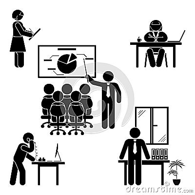 Stick figure office poses set. Business finance workplace support. Working, sitting, talking, meeting, training. Vector Illustration