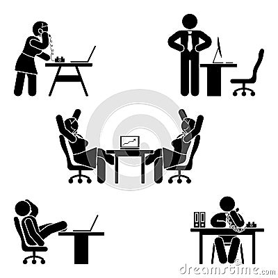 Stick figure office poses set. Business finance workplace support. Working, sitting, talking, meeting, training vector. Vector Illustration