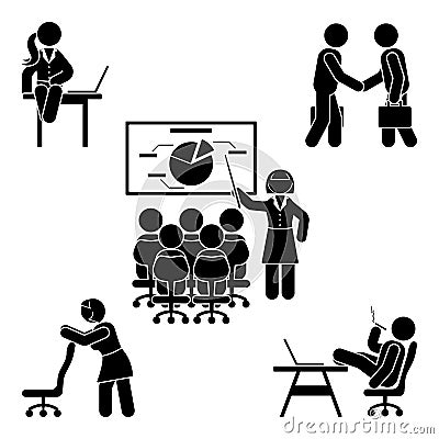 Stick figure office poses set. Business finance workplace support. Working, sitting, talking, meeting, training vector. Vector Illustration