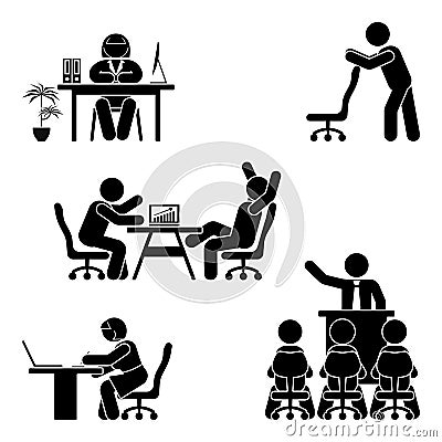 Stick figure office poses set. Business finance workplace support. Working, sitting, talking, meeting, training vector. Vector Illustration