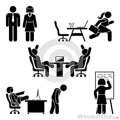 Stick figure office poses set. Business finance workplace support. Working, sitting, talking, meeting, training vector. Vector Illustration