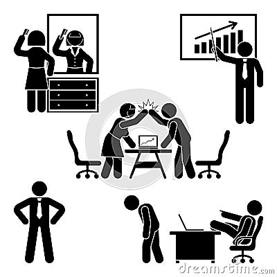 Stick figure office working, sitting, talking, meeting, training, discussing vector pictogram. Vector Illustration