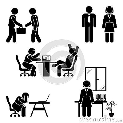 Stick figure office poses set. Business finance workplace support. Working, sitting, talking, meeting, training pictogram. Vector Illustration