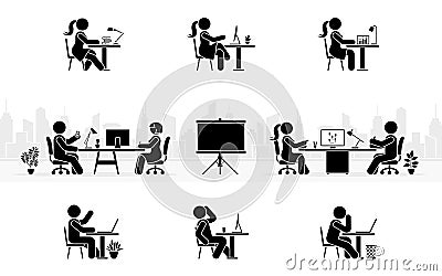 Stick figure office workers sitting at workplace side view silhouette pictogram icon vector set. Stick man and woman on cityscape Stock Photo