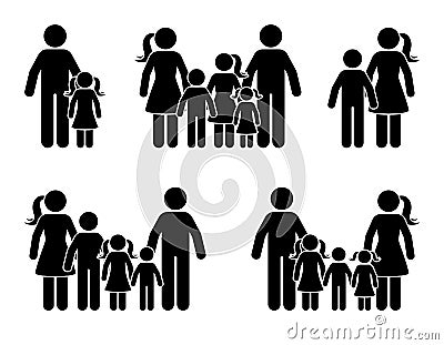 Stick figure parents and children icon set. Big happy family black pictogram. Vector Illustration