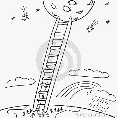 Stick figure people escaping from earth to moon climbing on ladder, Vector doodle Vector Illustration