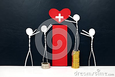 Stick figure reaching for a red heart shape with cross cutout while stepping on stack of coins. Stock Photo