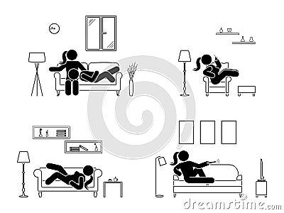 Stick figure resting at home position set. Sitting, lying, watching tv, sleeping, drinking icon relaxing posture on sofa. Vector Illustration