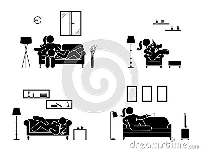Stick figure resting at home position set. Sitting, lying, watching tv, sleeping, drinking icon relaxing posture on sofa. Vector Illustration