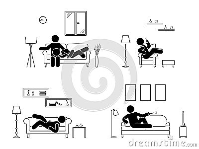 Stick figure resting at home position set. Sitting, lying, watching tv, sleeping, drinking icon relaxing posture on sofa. Vector Illustration