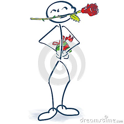 Stick figure with rose in the mouth and gift behind his back Vector Illustration