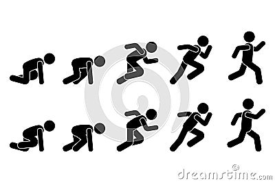 Stick figure runner sprinter sequence icon vector pictogram. Low start speeding man sign symbol posture silhouette Vector Illustration