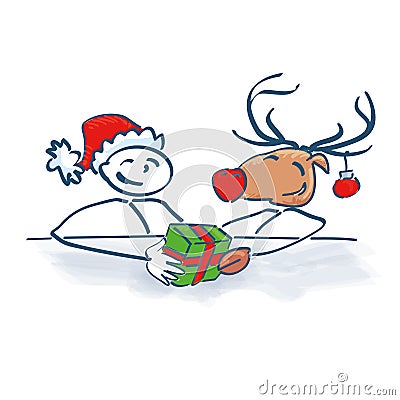 Stick Figure Santa Claus with reindeer Vector Illustration