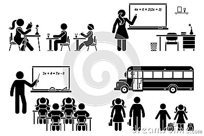 Stick figure school boy, girl sitting in class, lesson, writing, reading vector icon. Female, male teacher, standing at blackboard Vector Illustration