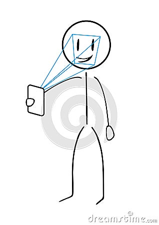 Stick figure with smartphone scans a person face. Biometric identification. Cartoon Illustration
