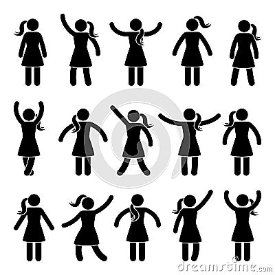 Stick figure standing position. Posing woman person icon posture symbol sign pictogram on white. Vector Illustration